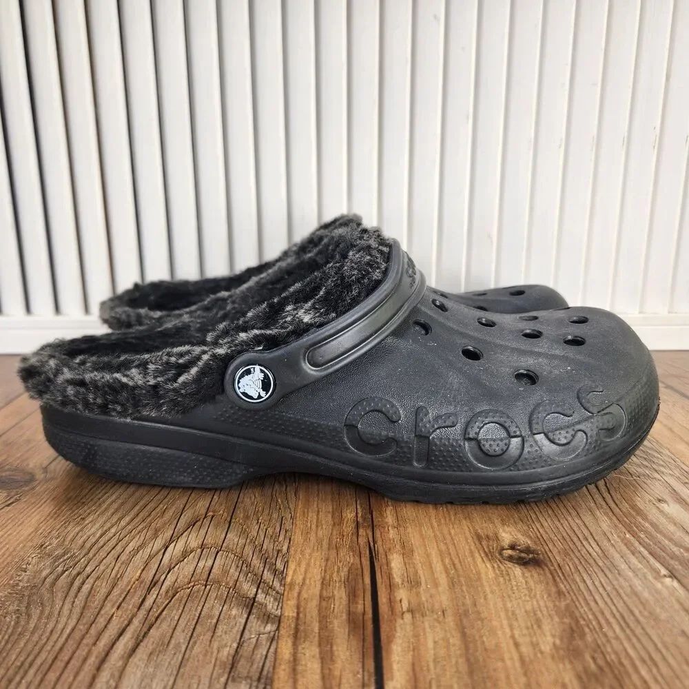 Crocs Baya Lined Clogs Mens Sz 9 Black Faux Fur Fleece Lining Slip On Shoes